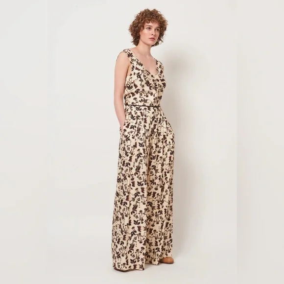 Raquel Allegra Silk Jacquard Trapeze Wide Leg Pants Cream Flower XS Size 0